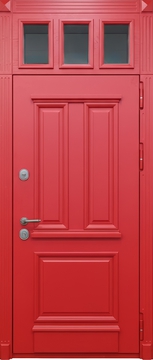 Стальная уличная термодверь со стеклом во фрамуге и красными панелями МДФ с багетом